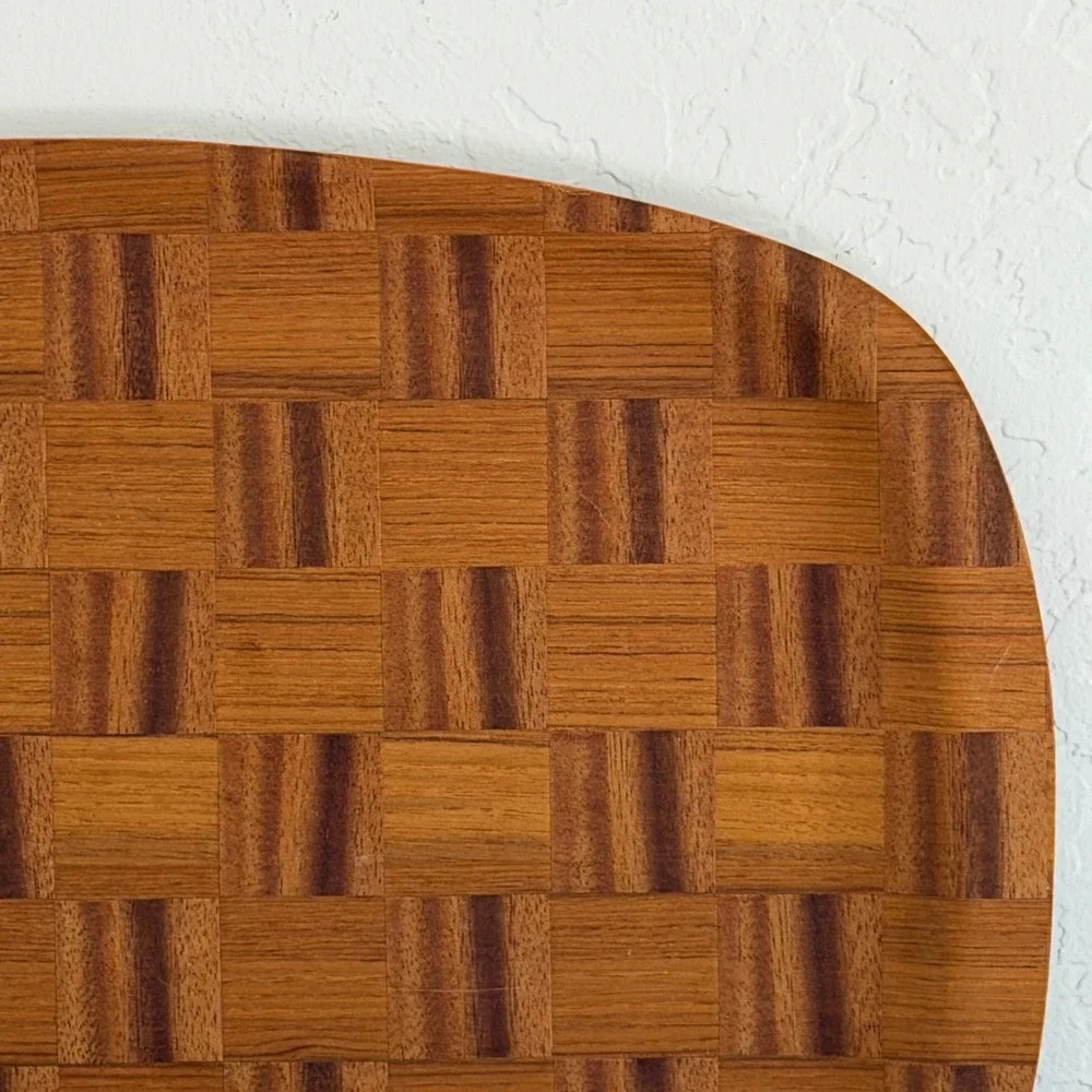 Vintage Mid-Century Woven Wood Serving Tray Checkered Viking Hand Made Japan MCM
